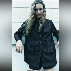 ZARA ZW Collection Black Gathered Overshirt with Pockets! New With Tags! Medium